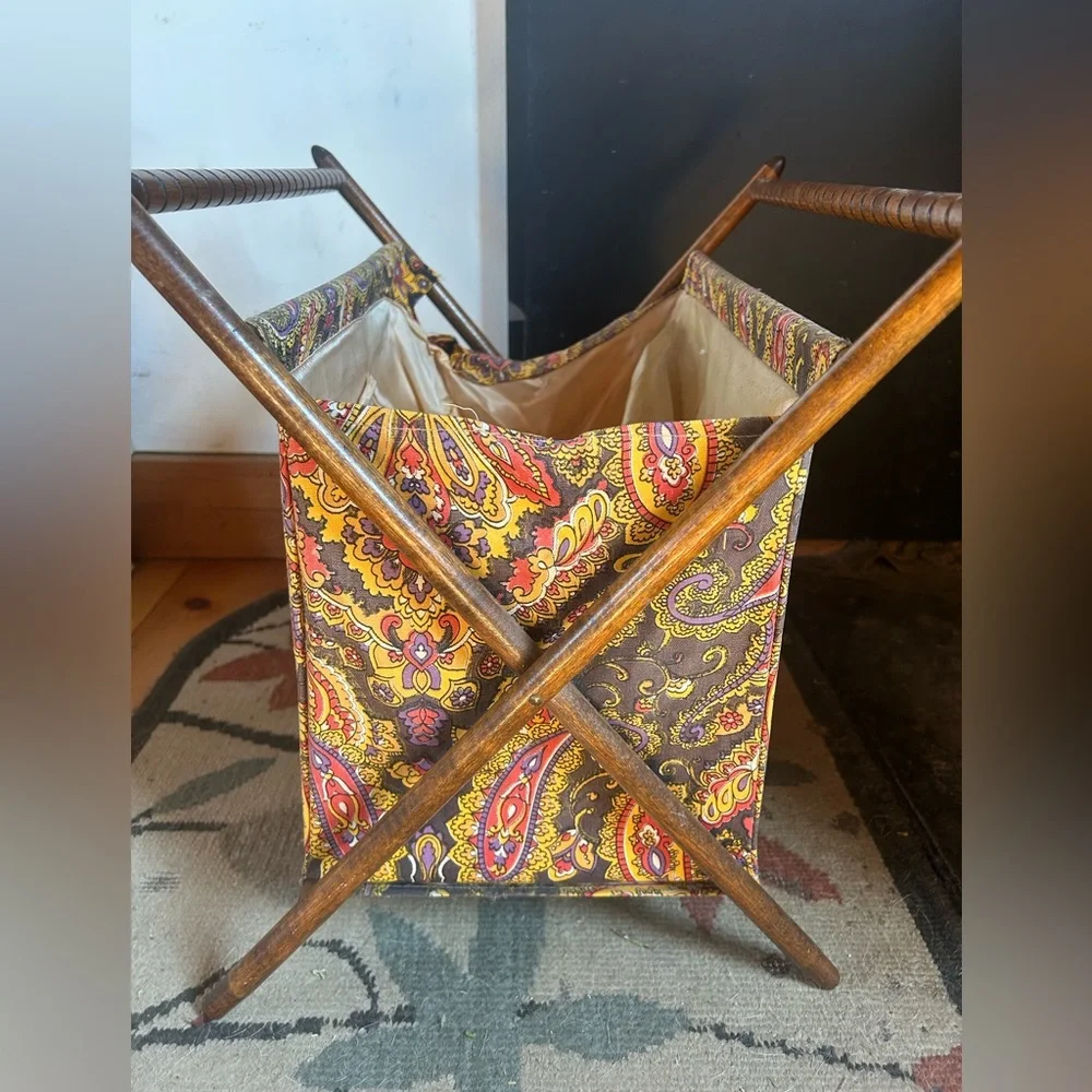 Vintage Boho Yarn Caddy Wooden Cotton Paisley Carryall
